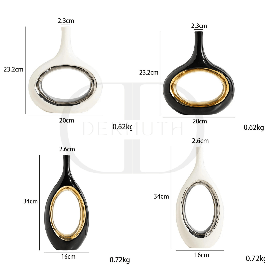 Vaso Cerâmico Oval Detalhe Dourado-Prata