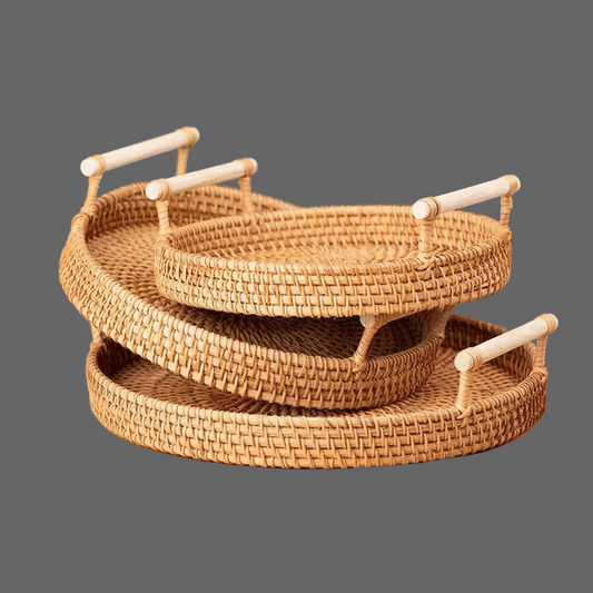 Bandeja de Rattan Trançado com Alça de Madeira