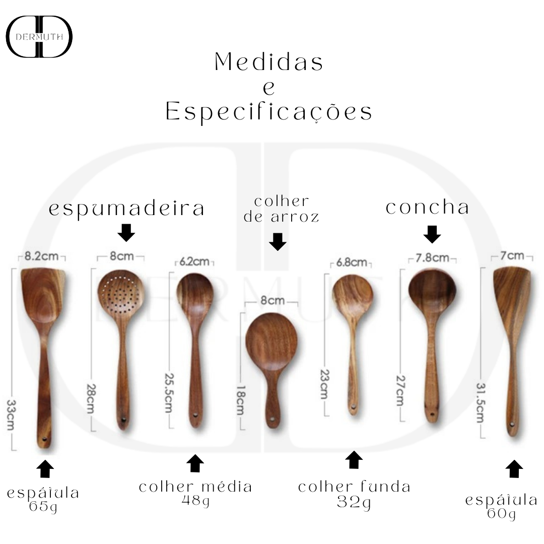 Conjunto de Utensílios de Cozinha em Madeira Natural