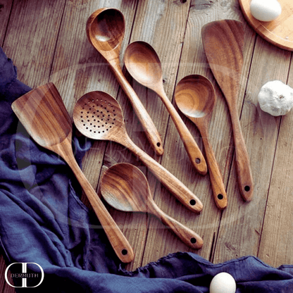 Conjunto de Utensílios de Cozinha em Madeira Natural