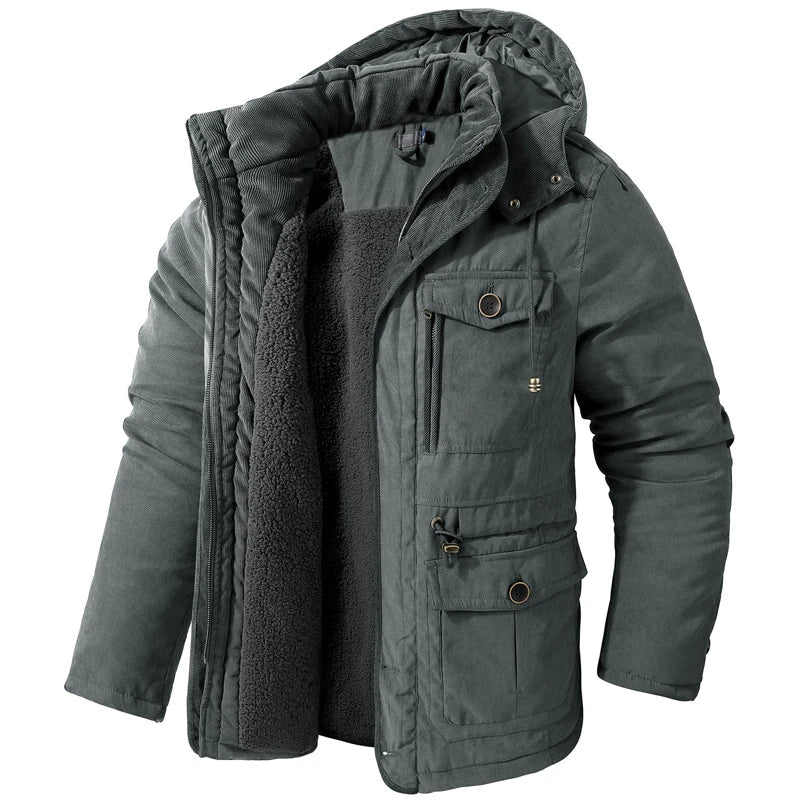 Jaqueta Masculina Tática com Capuz Forro Fleece e Bolsos