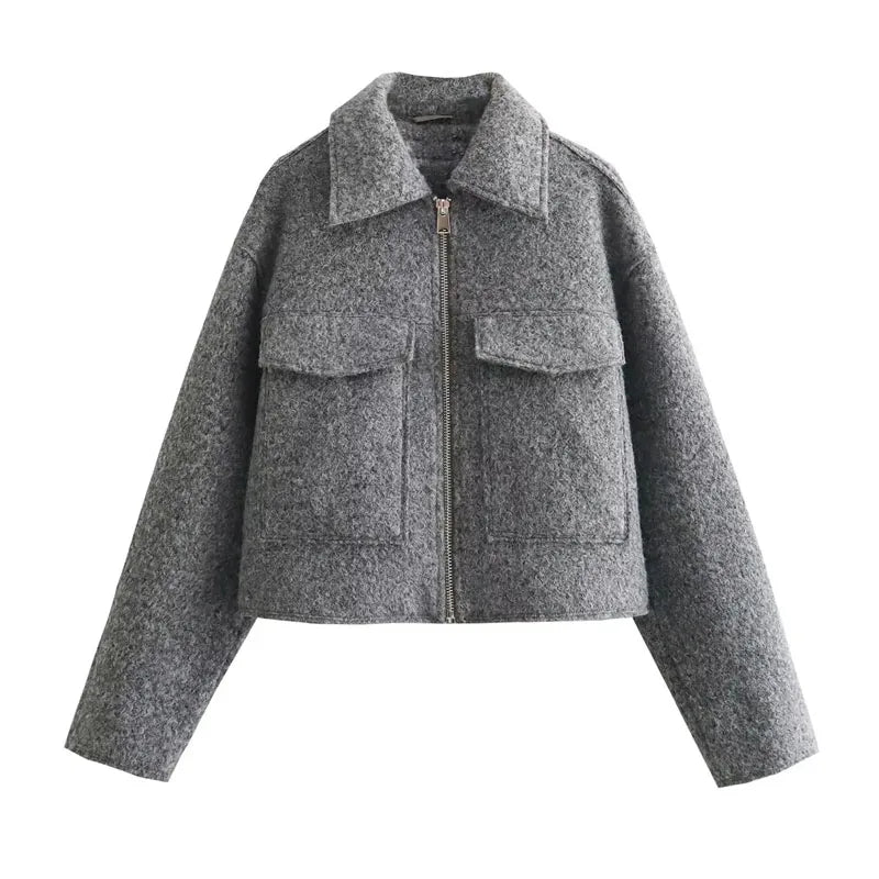 Jaqueta Feminina Curta em Tweed com Zíper - Modelo Cropped