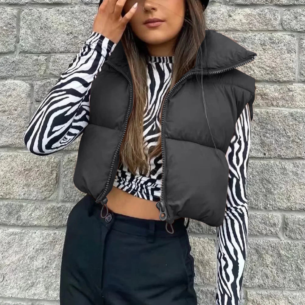 Colete Feminino Acolchoado sem Mangas Gola Alta em Algodão