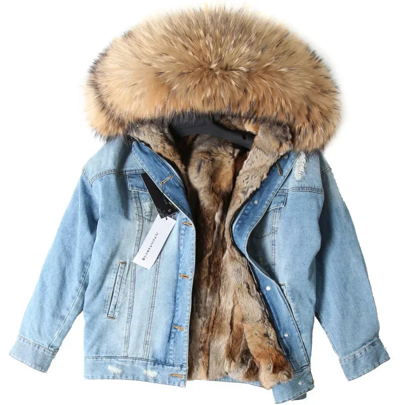 Jaqueta Parka Jeans Feminina com Forro Capuz Removível – (Promoção de Inverno 2026)