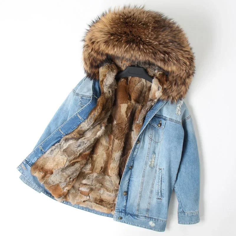 Jaqueta Parka Jeans Feminina com Forro Capuz Removível – (Promoção de Inverno 2026)