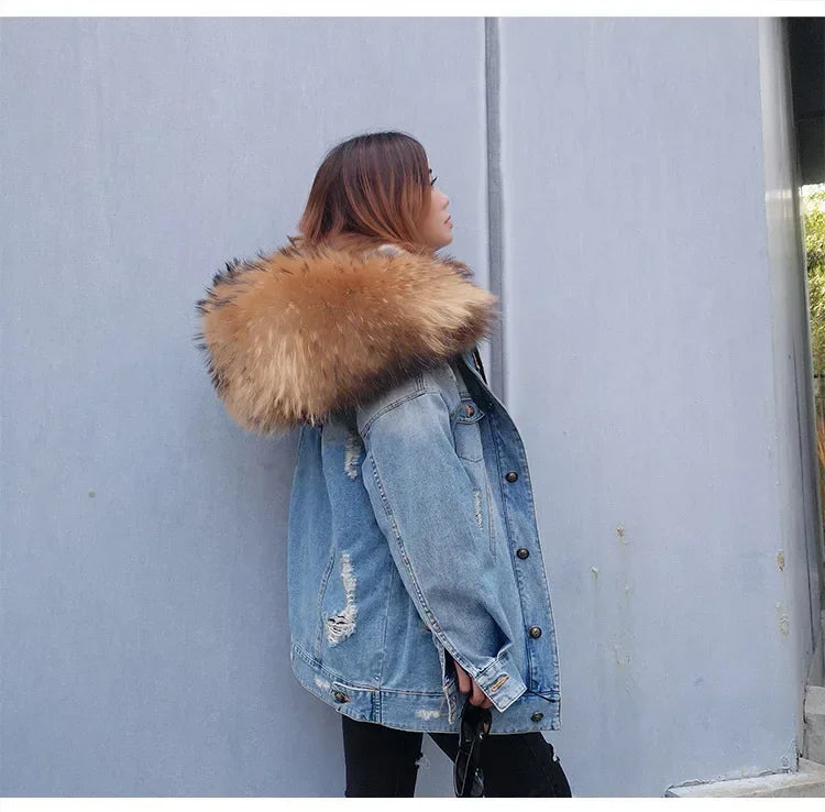 Jaqueta Parka Jeans Feminina com Forro Capuz Removível – (Promoção de Inverno 2026)