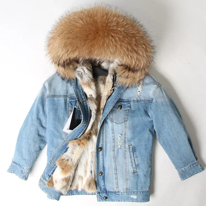 Jaqueta Parka Jeans Feminina com Forro Capuz Removível – (Promoção de Inverno 2026)