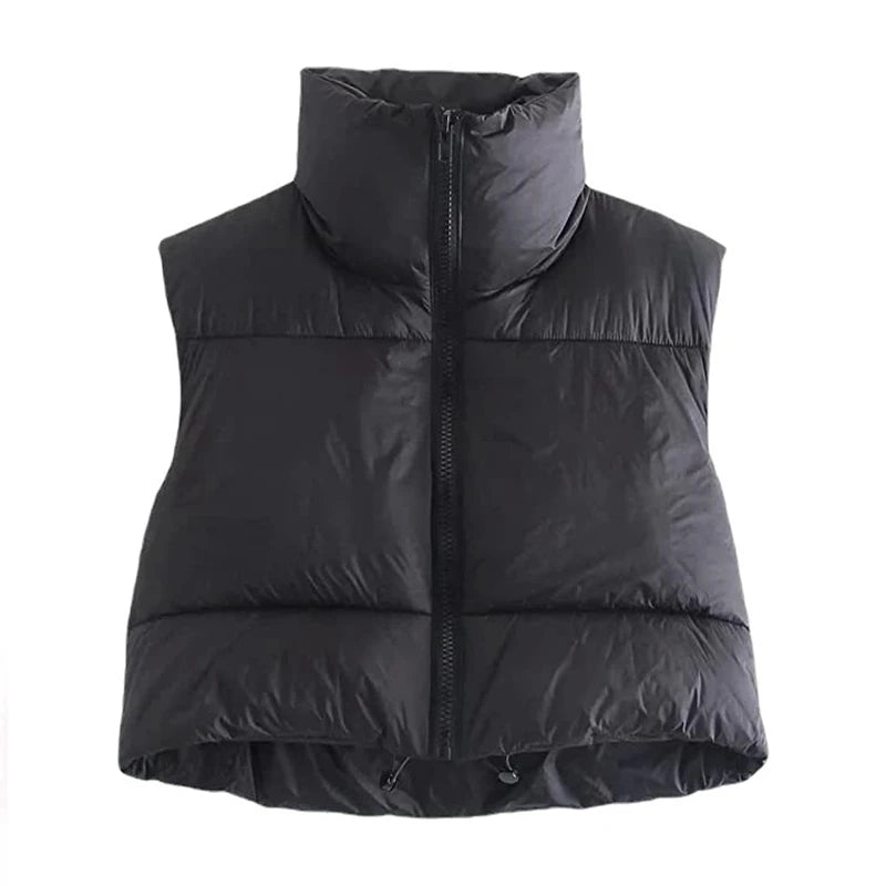 Colete Feminino Acolchoado sem Mangas Gola Alta em Algodão