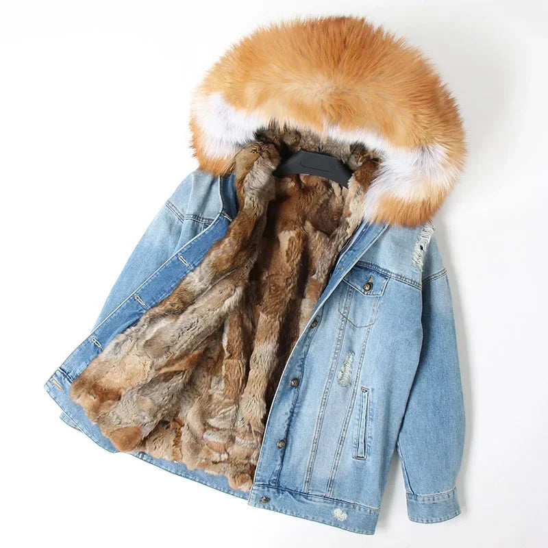 Jaqueta Parka Jeans Feminina com Forro Capuz Removível – (Promoção de Inverno 2026)