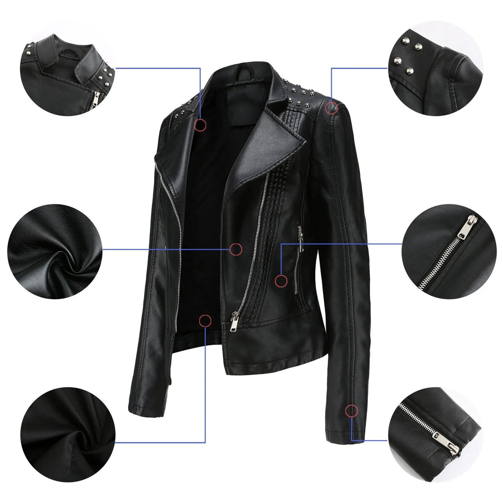 Jaqueta Feminina Slim Estilo Biker com Gola Dobrável e Detalhes Retrô - (Promoção de Inverno 2026)