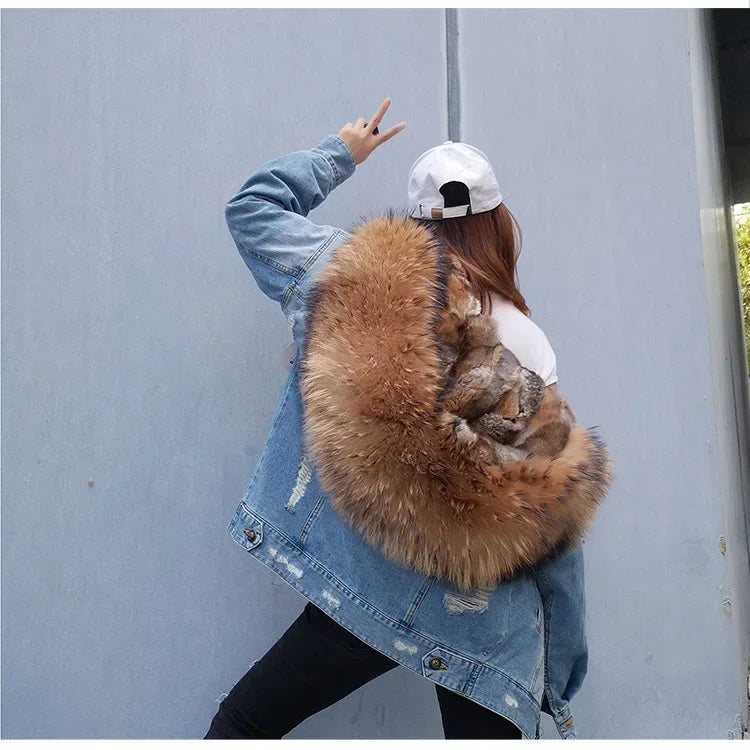 Jaqueta Parka Jeans Feminina com Forro Capuz Removível – (Promoção de Inverno 2026)