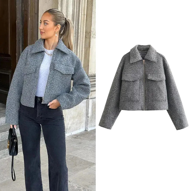 Jaqueta Feminina Curta em Tweed com Zíper - Modelo Cropped