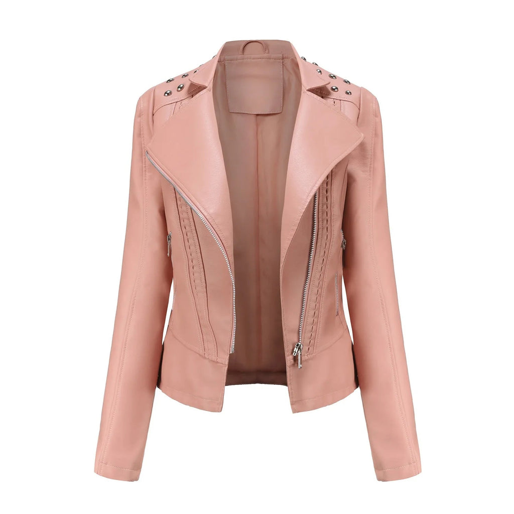Jaqueta Feminina Slim Estilo Biker com Gola Dobrável e Detalhes Retrô - (Promoção de Inverno 2026)